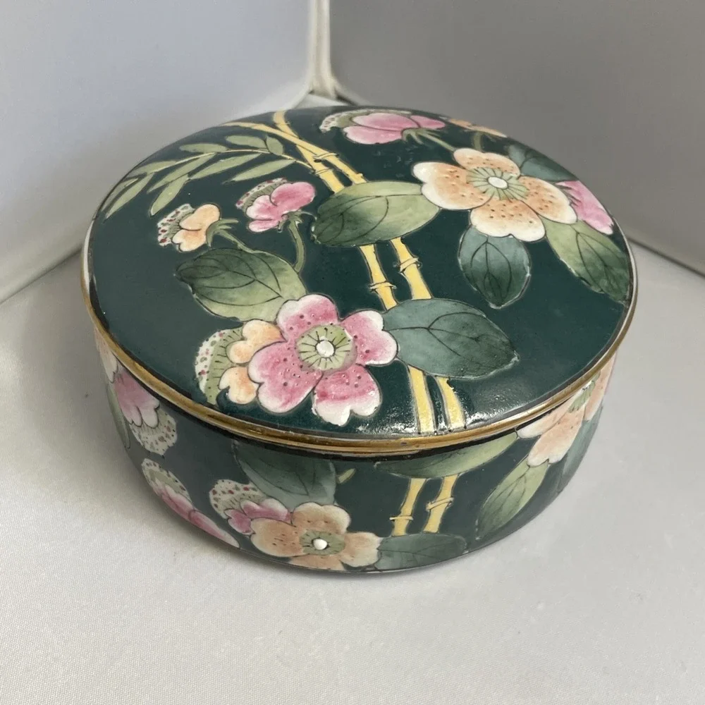 Vintage Chinoiserie Botanical Trinket Jewelry Box Lid‎ Porcelain Bamboo Stamped